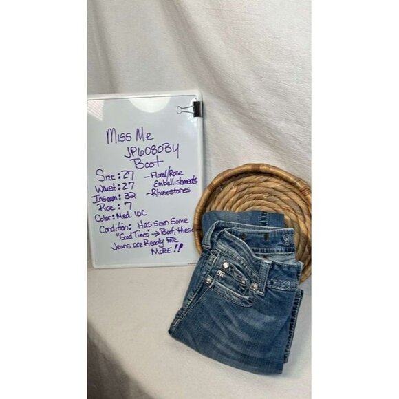 MissMe Boot Jeans Size 27 Rose Embellishments to back Boho Festival Biker Club C - Picture 2 of 11
